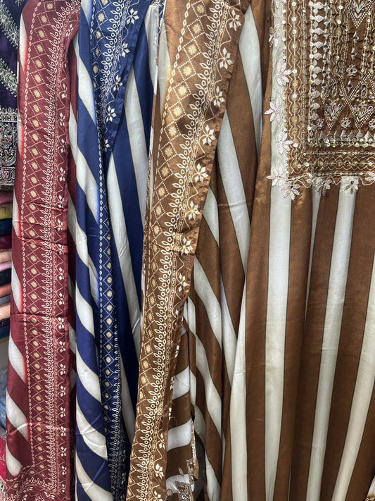 Pure Crepe Stripes Print with Zardozi Neckline