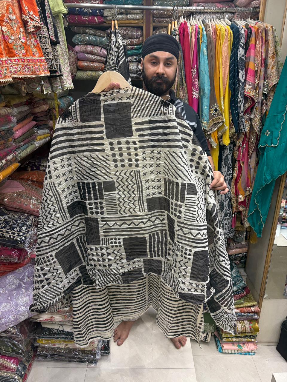 Cream & Black Cotton Pakistani Suit