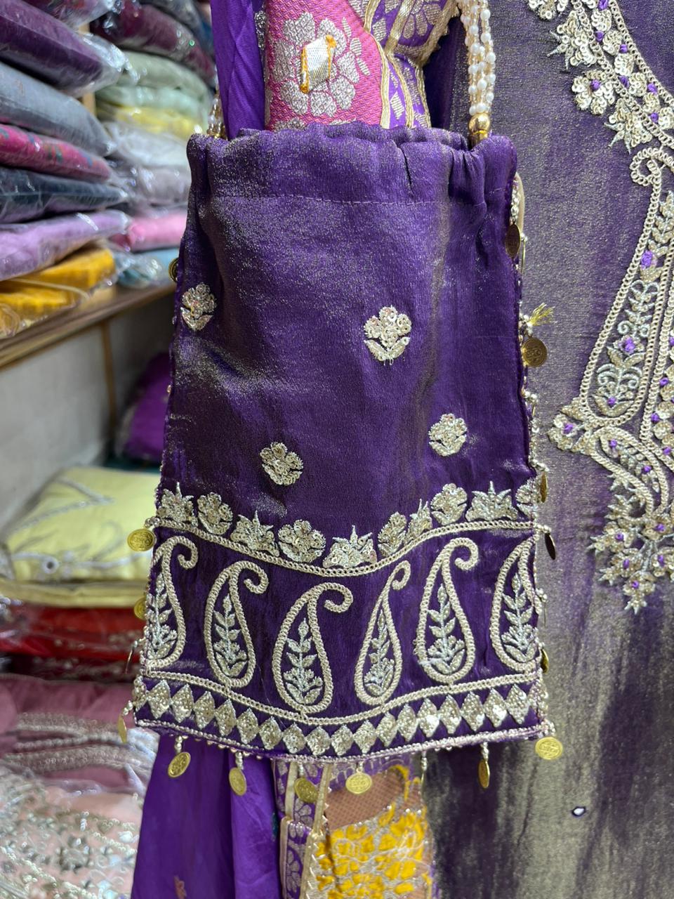 Shimmer Silk Designer Neck Organza Dupatta - Potli