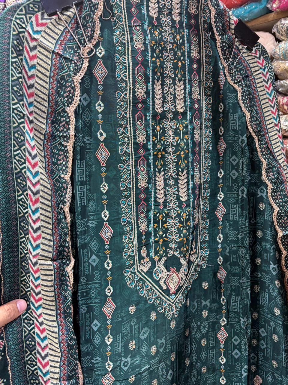 Crepe Floral Print Zari Emb Suits