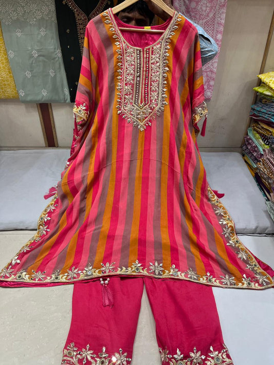 Pure Chinnon Digital Print Mirror Work Kaftan