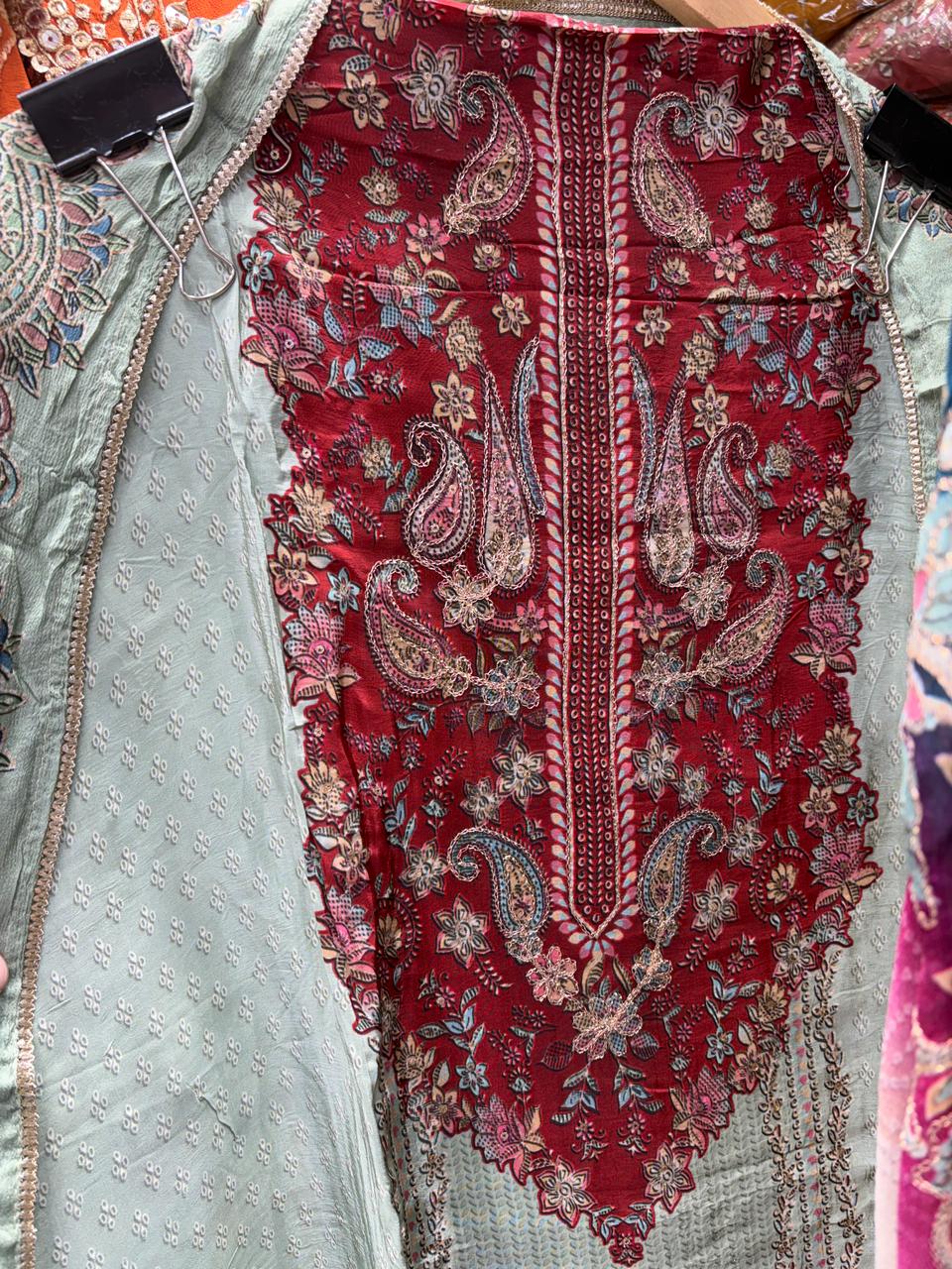 Pure Crepe Floral Print Zari Embroidery Suits