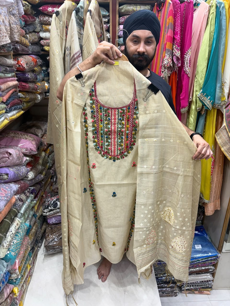 Jamdani Beige Color Suit - Phulkari Neck with Stall Dupatta
