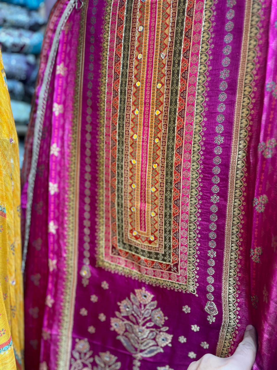 Gajji Silk Unstitched Suit with Mirror Highlights