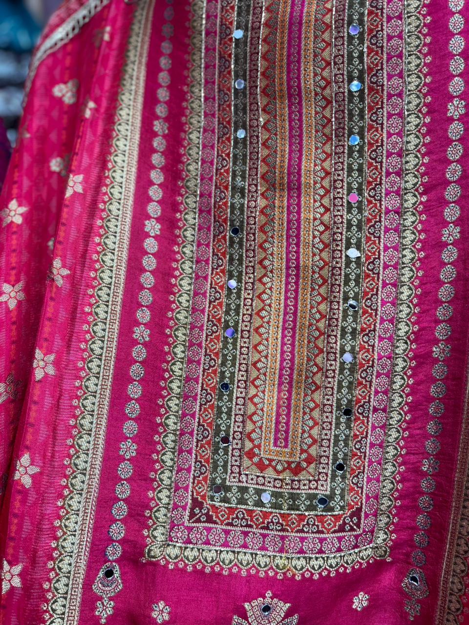 Gajji Silk Unstitched Suit with Mirror Highlights