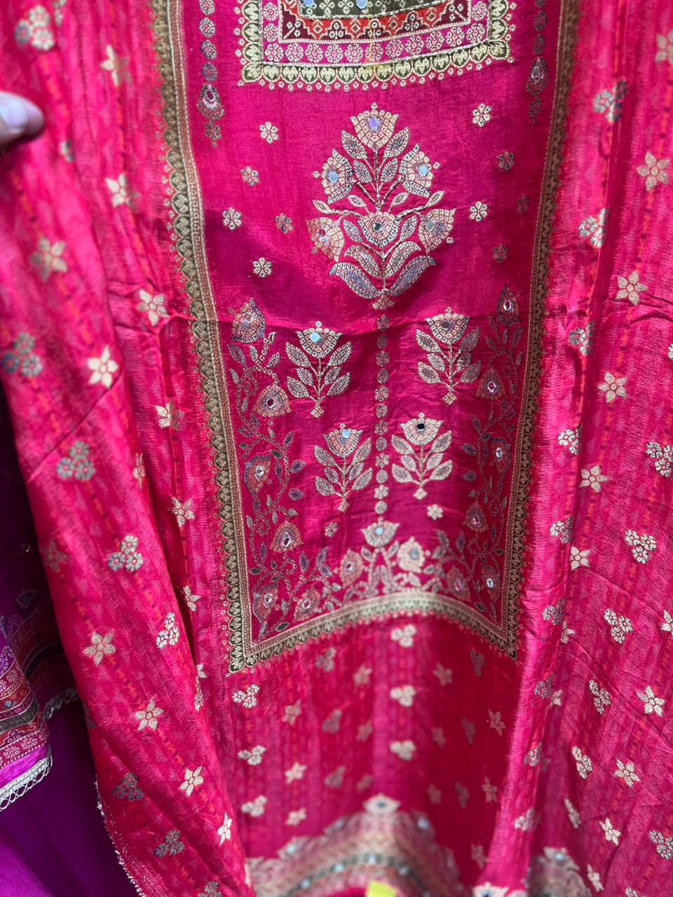 Gajji Silk Unstitched Suit with Mirror Highlights