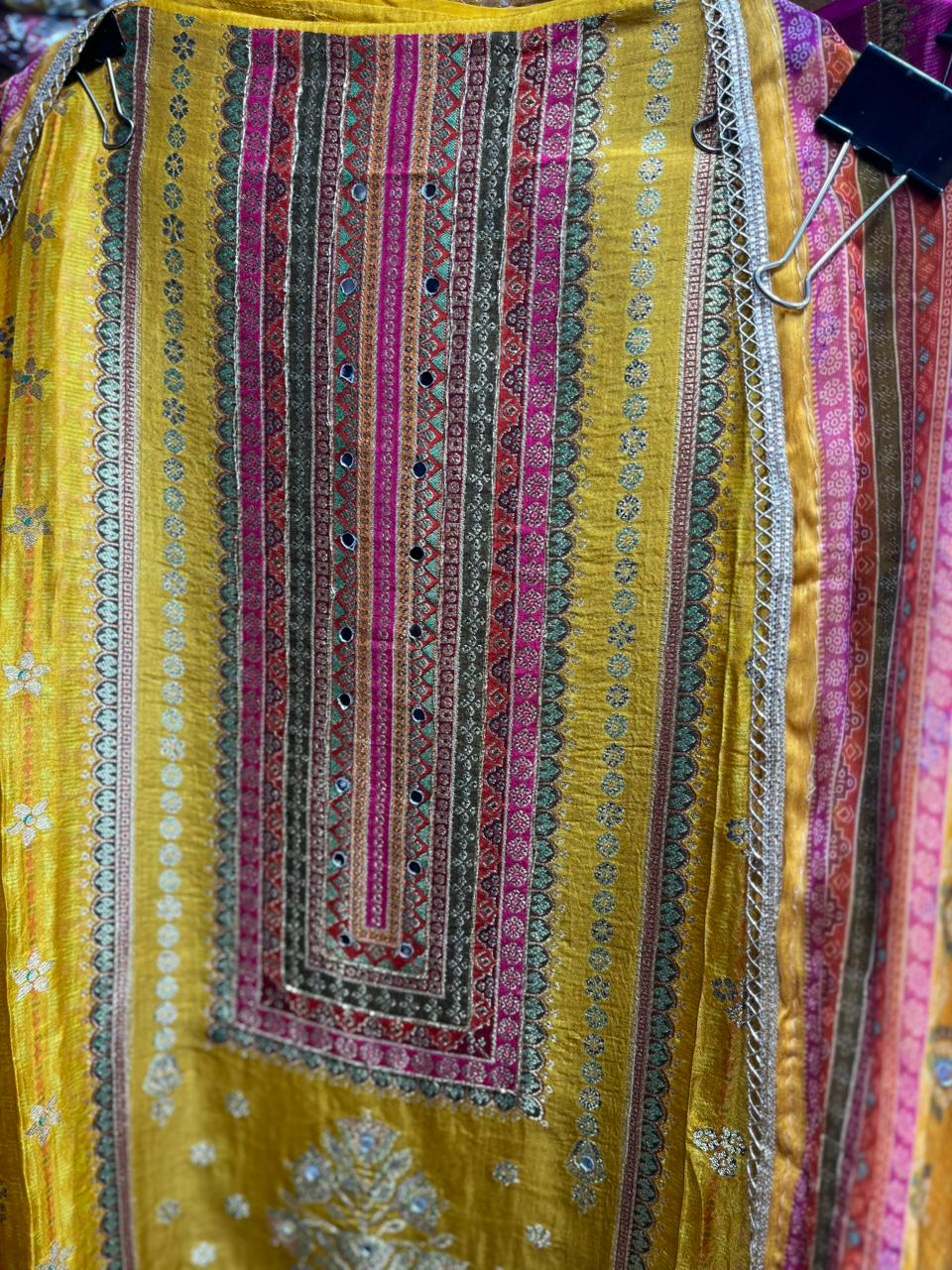 Gajji Silk Unstitched Suit with Mirror Highlights