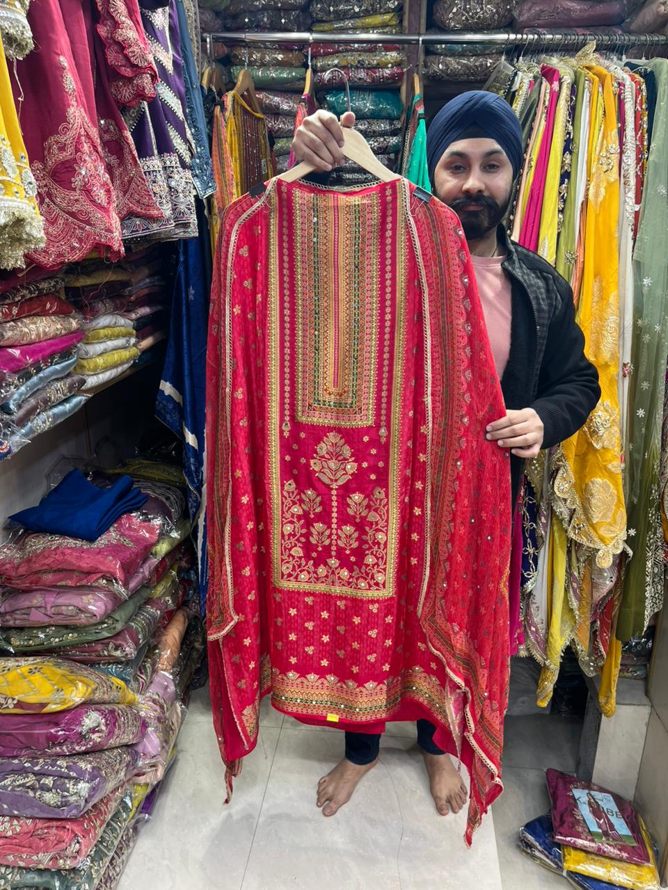 Gajji Silk Unstitched Suit with Mirror Highlights