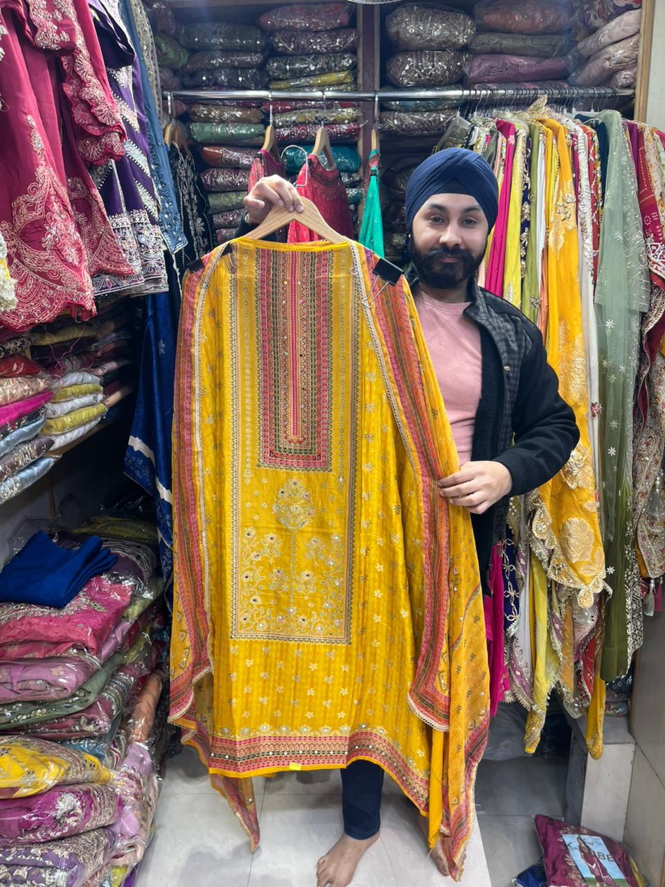 Gajji Silk Unstitched Suit with Mirror Highlights