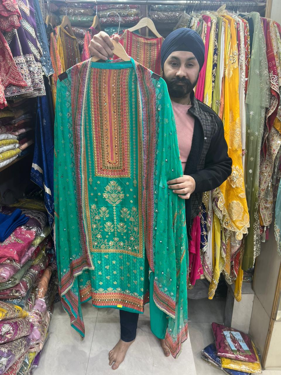 Gajji Silk Unstitched Suit with Mirror Highlights