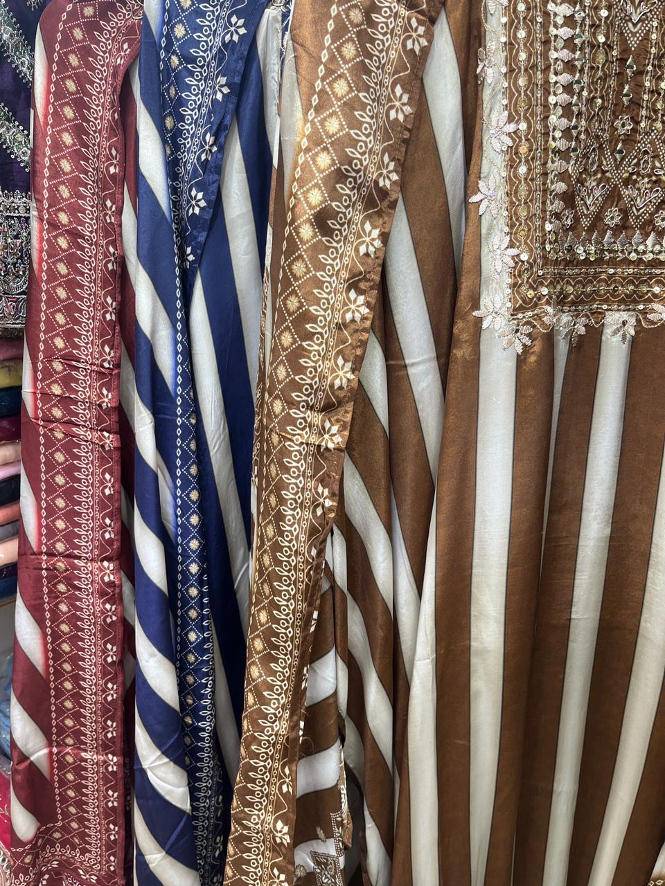 Pure Crepe Stripes Print with Zardozi  Neckline