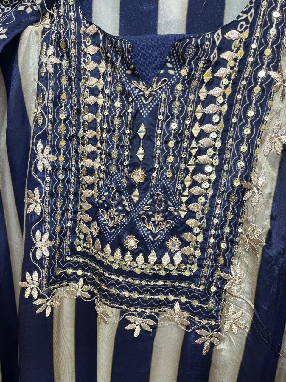 Pure Crepe Stripes Print with Zardozi  Neckline