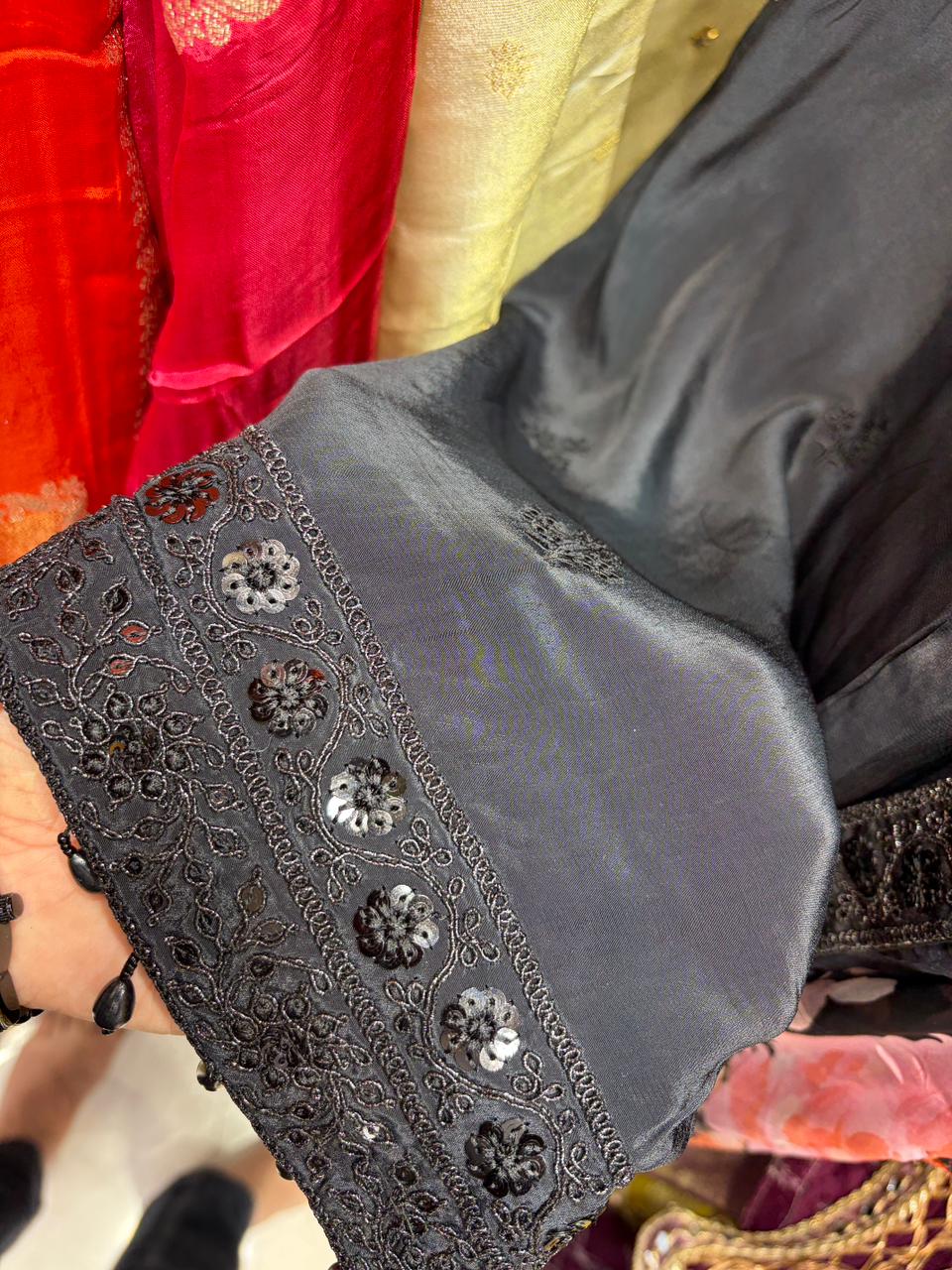 Pure Crepe Embroidered With Organza Floral Dupatta