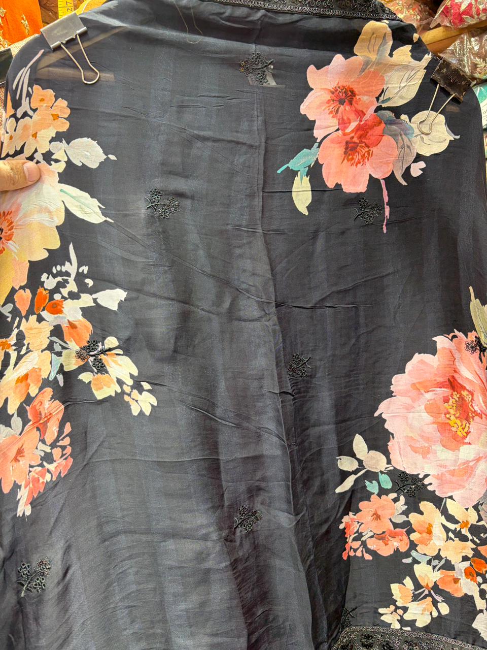 Pure Crepe Embroidered With Organza Floral Dupatta