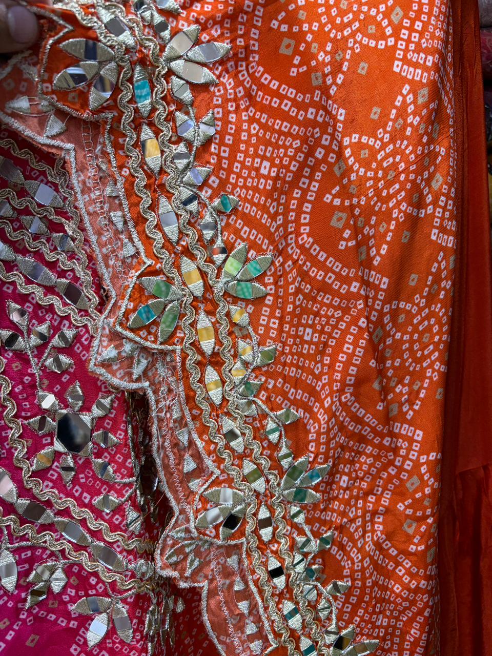 Pure Crepe Bandhni Mirror Kaftan With Garara Set