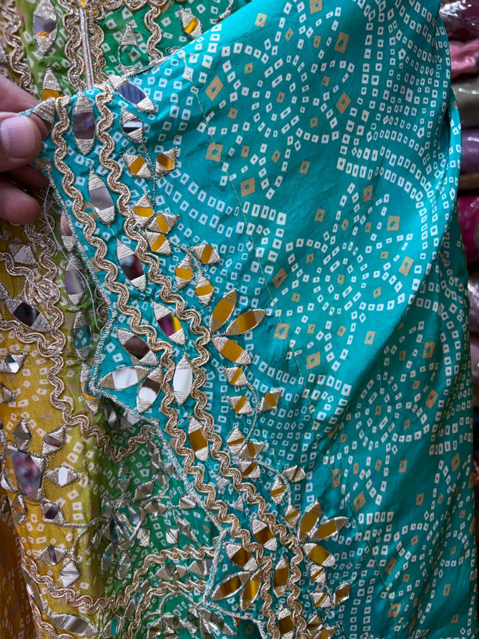 Pure Crepe Bandhni Mirror Kaftan With Garara Set