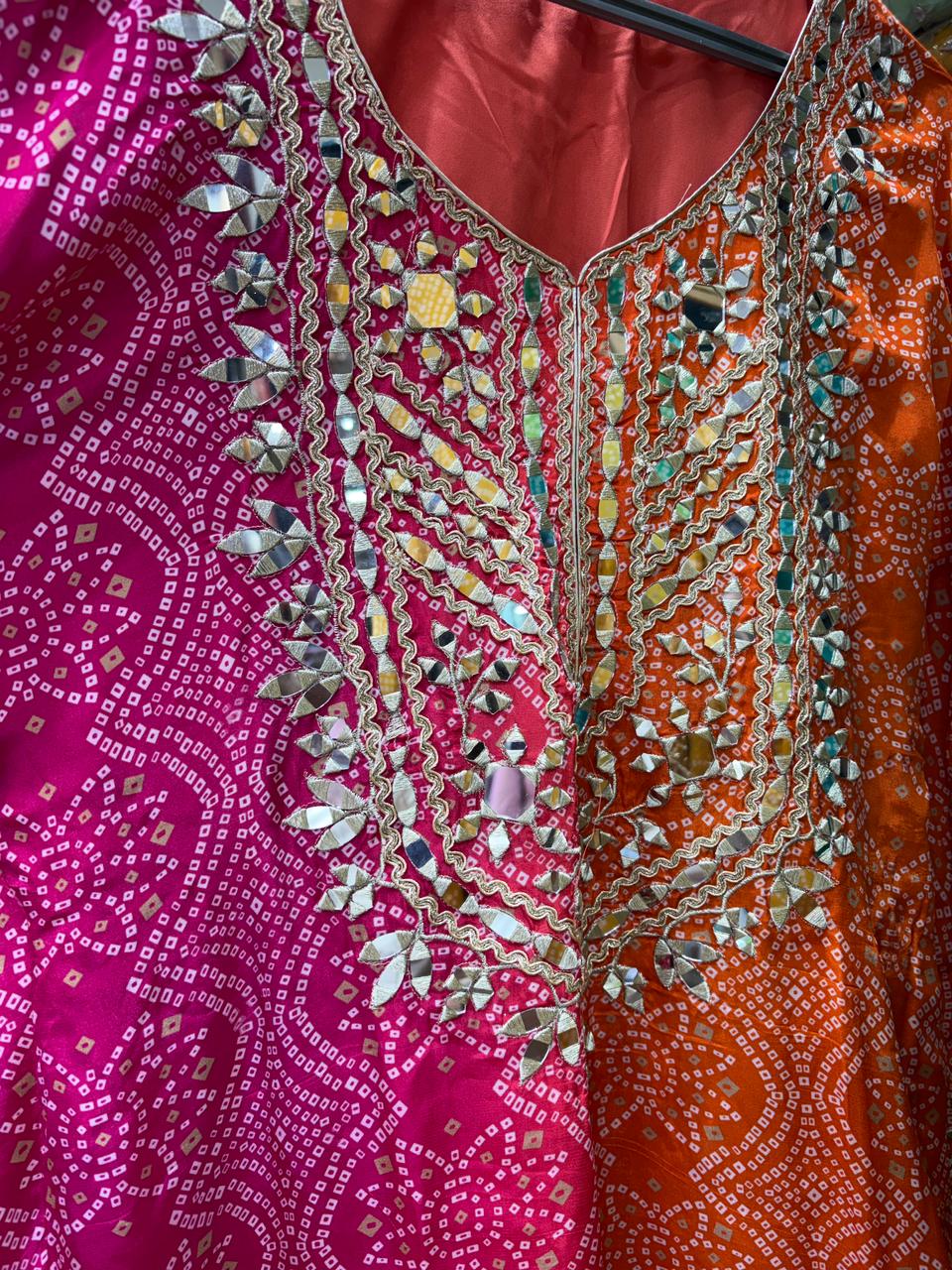 Pure Crepe Bandhni Mirror Kaftan With Garara Set