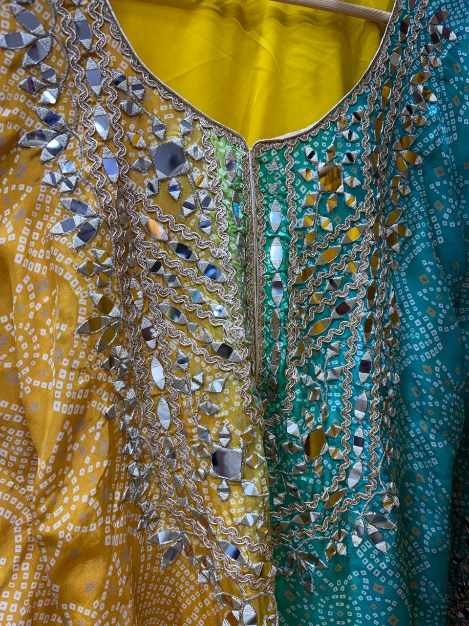 Pure Crepe Bandhni Mirror Kaftan With Garara Set