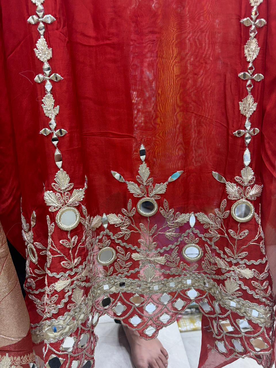 Organza Mirror Bottom Work Shimmer Dupatta Suit