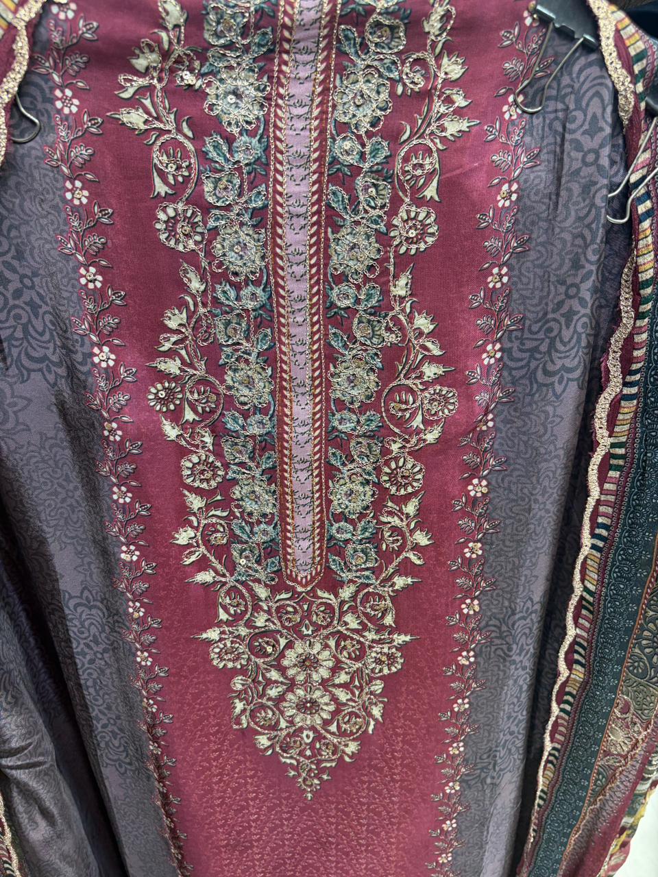 Pure Crepe Floral Zari Work Suit