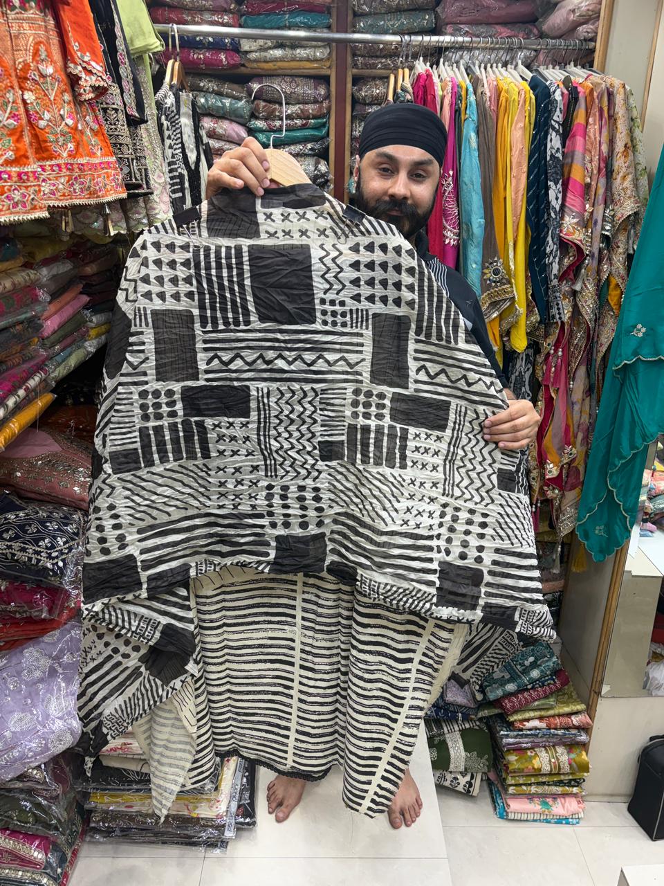 Cream & Black Cotton Pakistani Suit