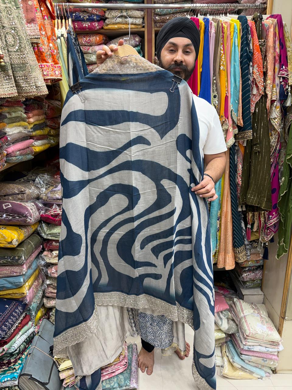 Muslin Suit with Zebra Print Dupatta Handwork - V Neck & Dupatta Border D no 2