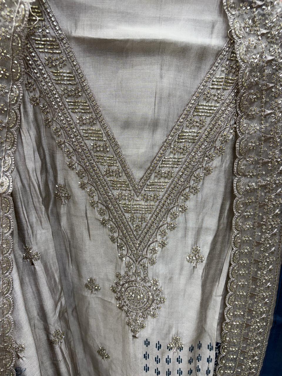 Muslin Suit with Zebra Print Dupatta Handwork - V Neck & Dupatta Border D no 2