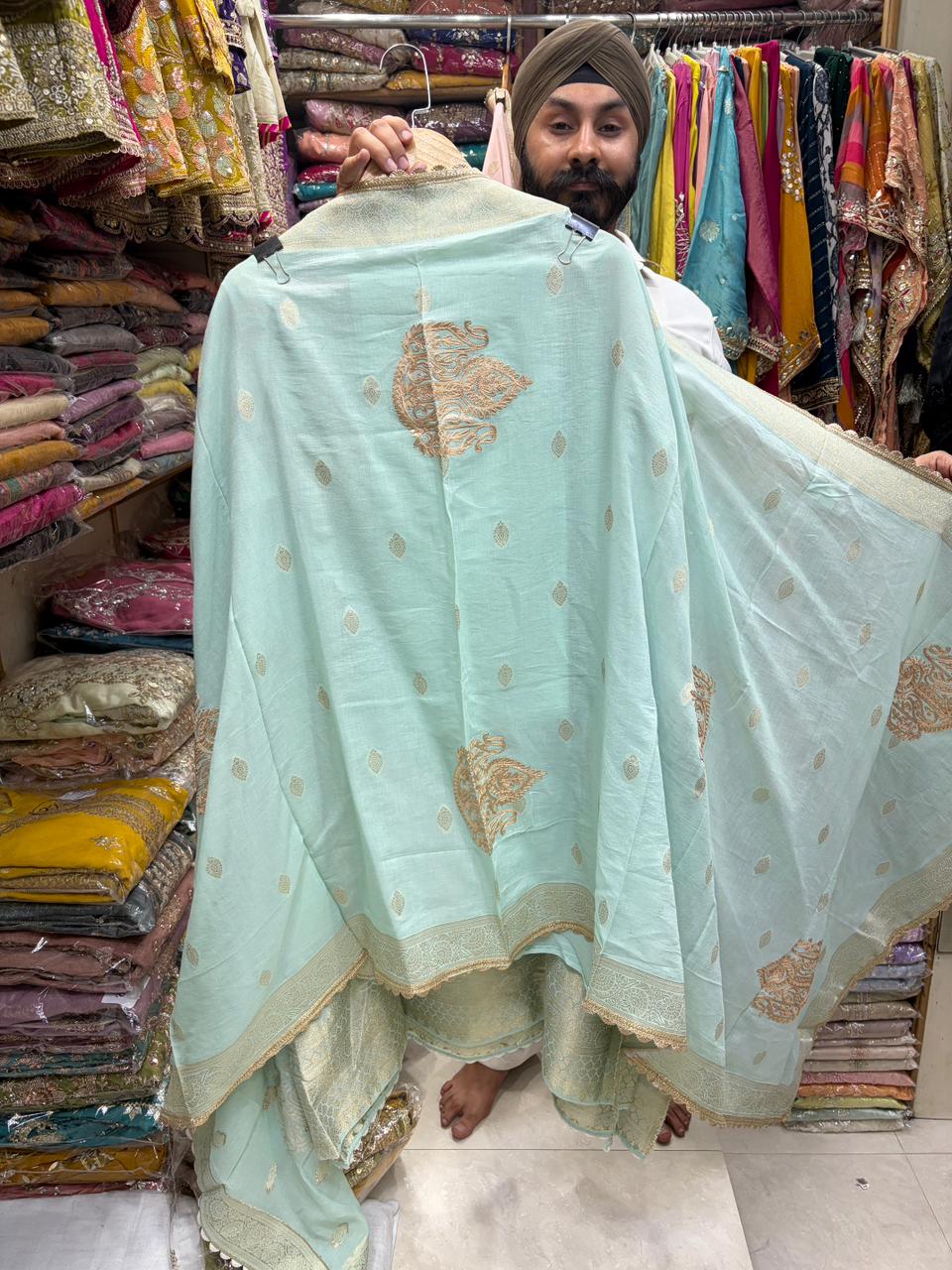 Pure Mul Cotton Banarsi Leather Work