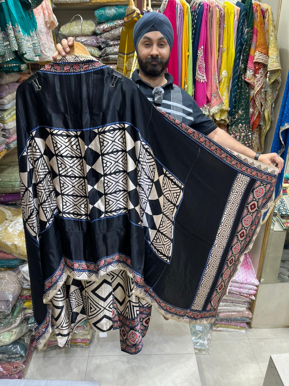 Gajji Ajrakh Print Neck Mirror Work - Design no 15