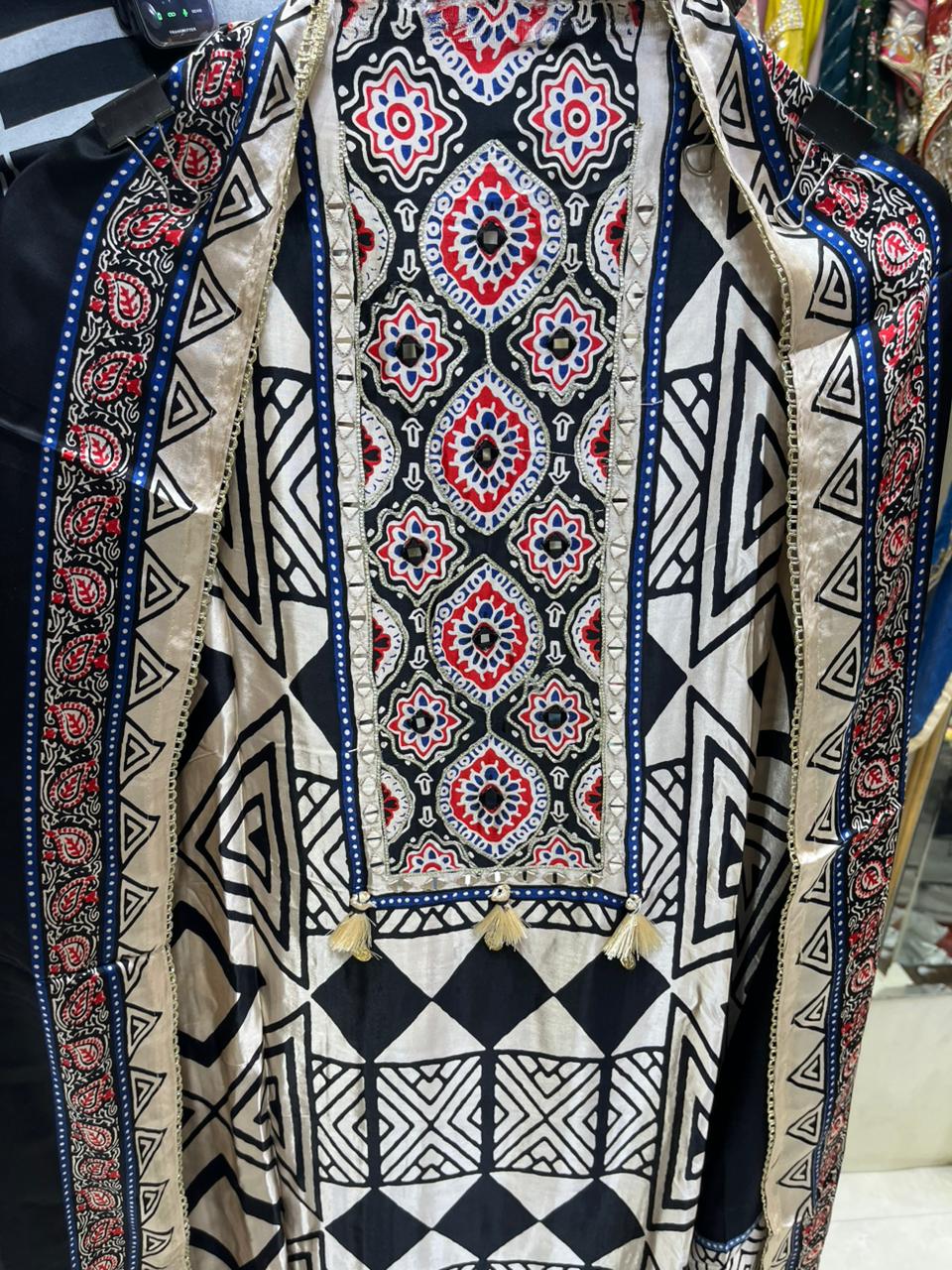 Gajji Ajrakh Print Neck Mirror Work - Design no 15