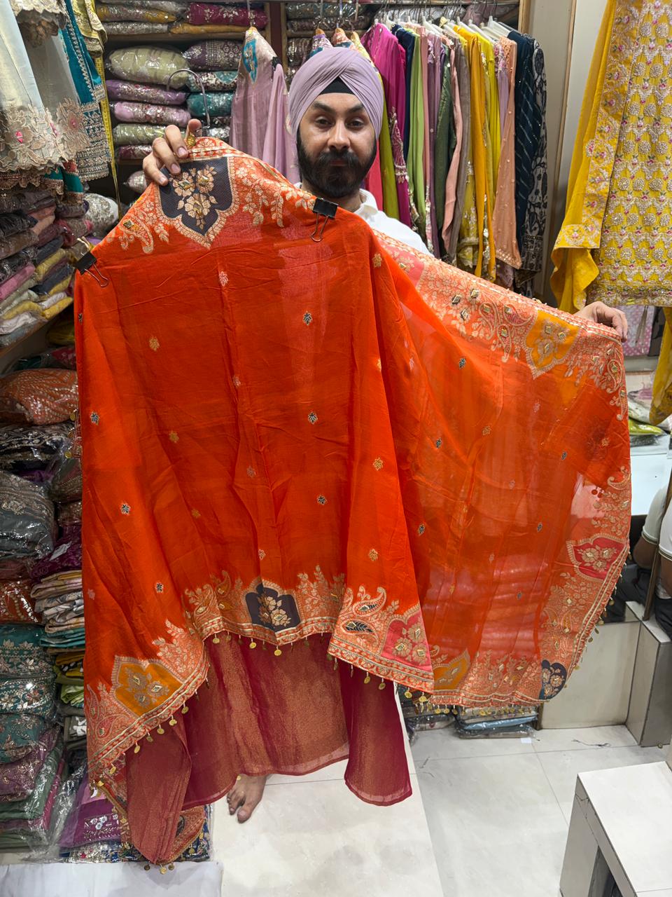 Organza Banarsi Contrast V Neck Potli New Edition