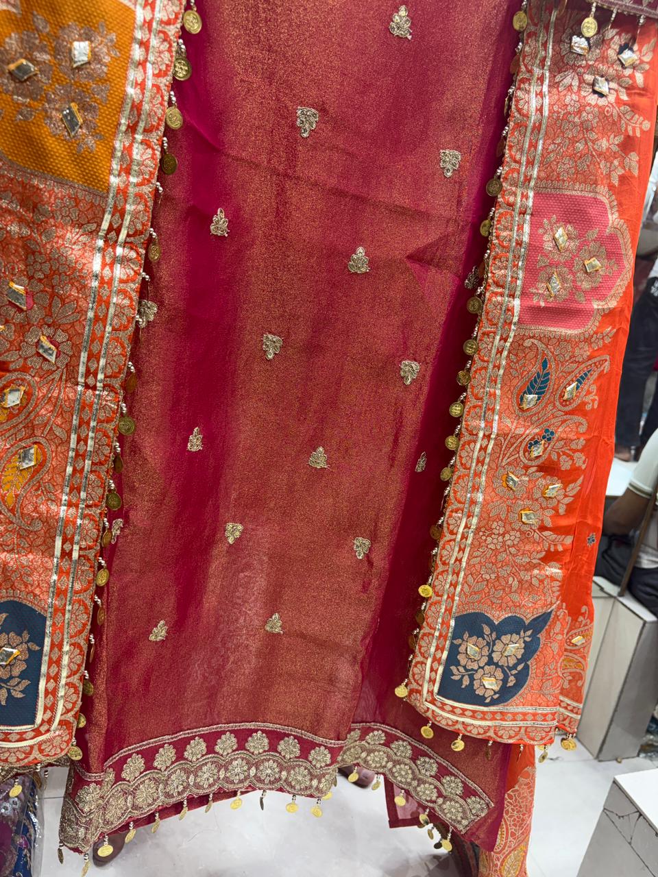 Organza Banarsi Contrast V Neck Potli New Edition