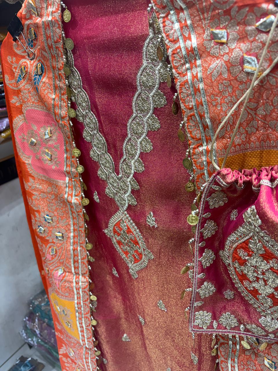 Organza Banarsi Contrast V Neck Potli New Edition