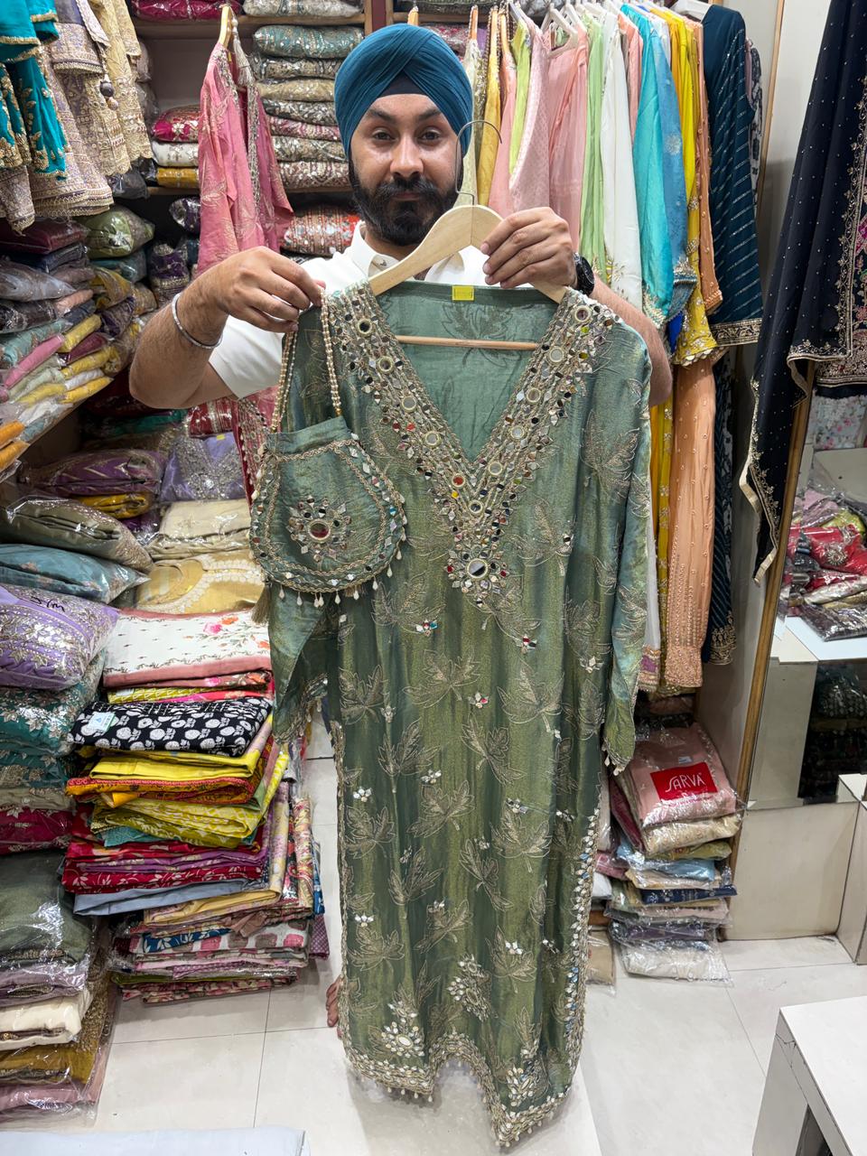 Shimmer Long Dress - V Style Mirror Work