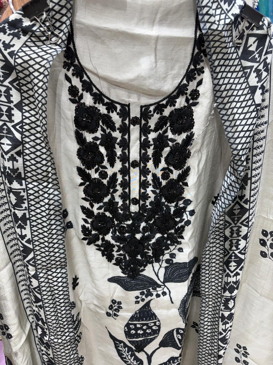Grey Black Digital Muslin - Black Thread Nalki Neck