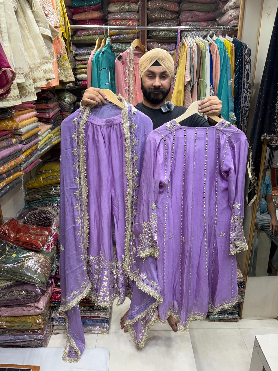 Chinnon Anarkali Sharara Set - Mirror Leather work