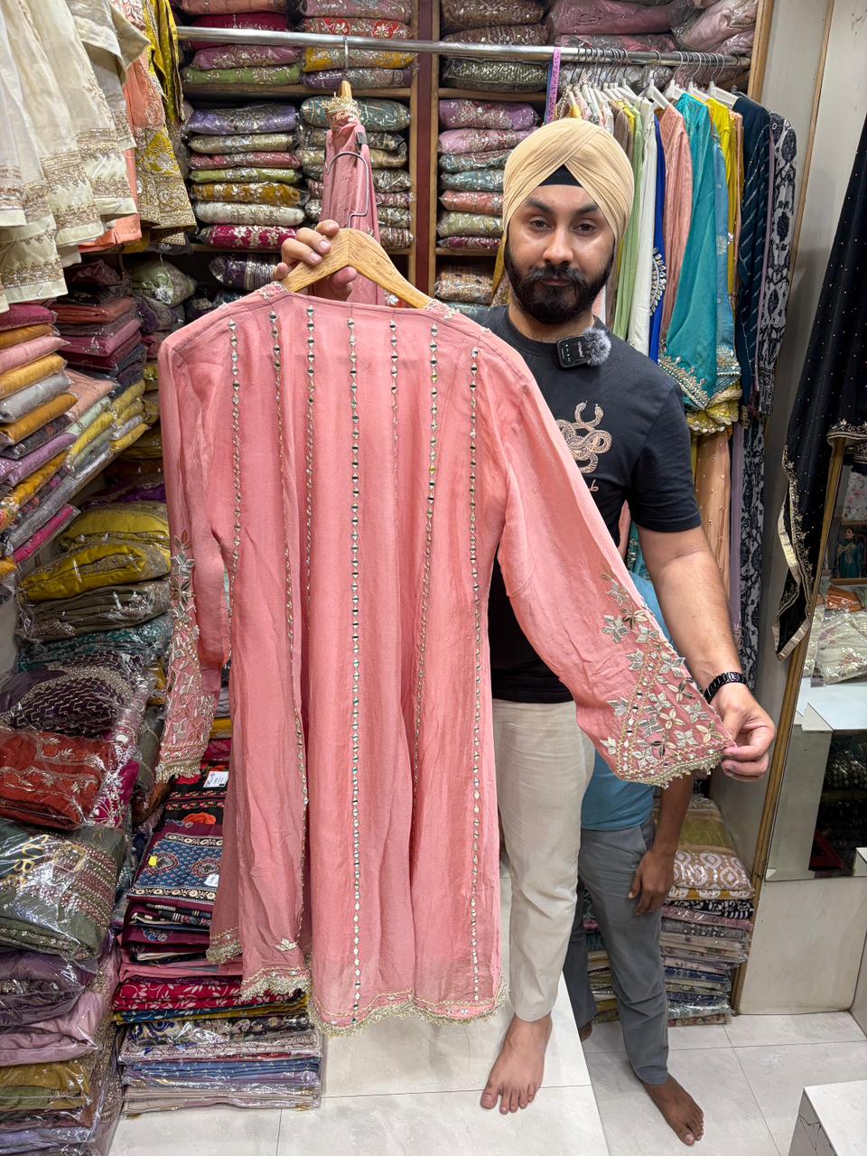 Chinnon Anarkali Sharara Set - Mirror Leather work
