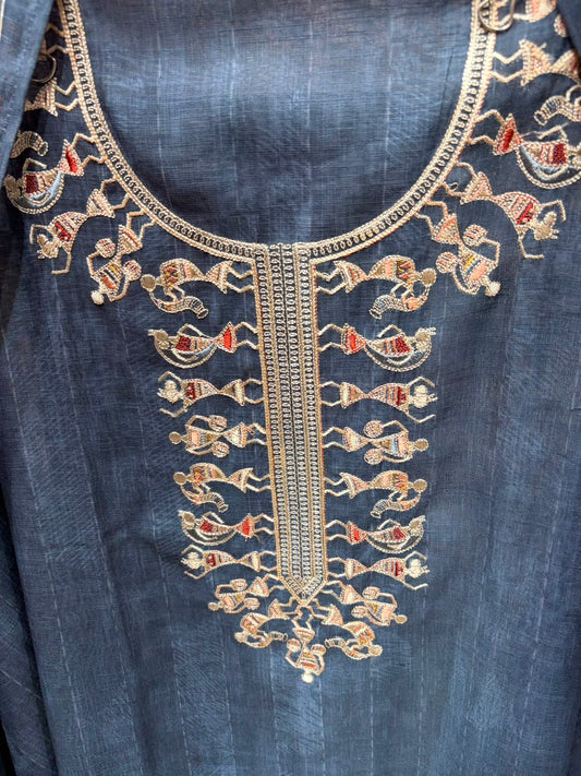 Denim Blue Khadi Cotton - Warli Print