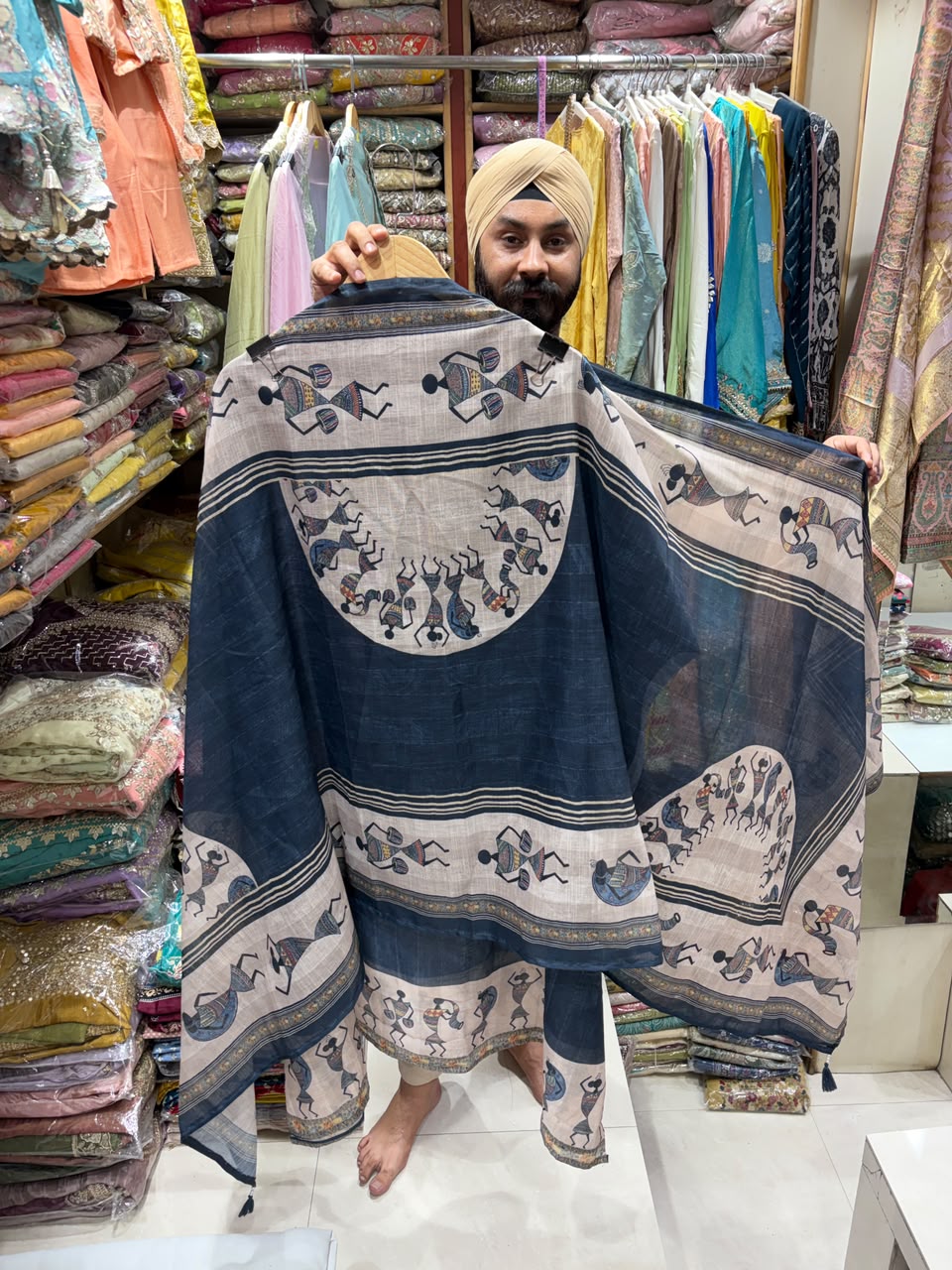Denim Blue Khadi Cotton - Warli Print