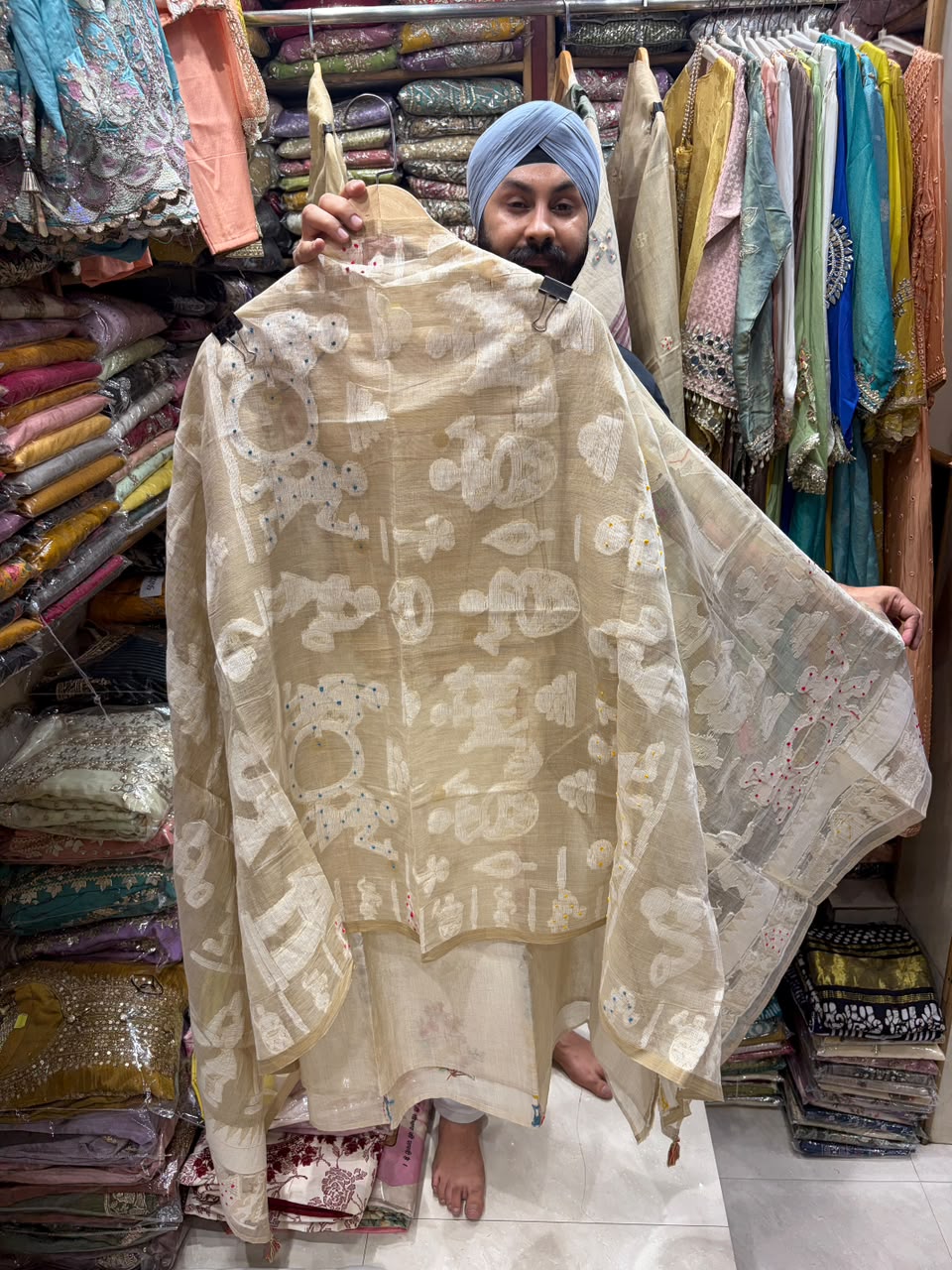 Jamdani Beige Color Suit - Phulkari Neck with Stall Dupatta