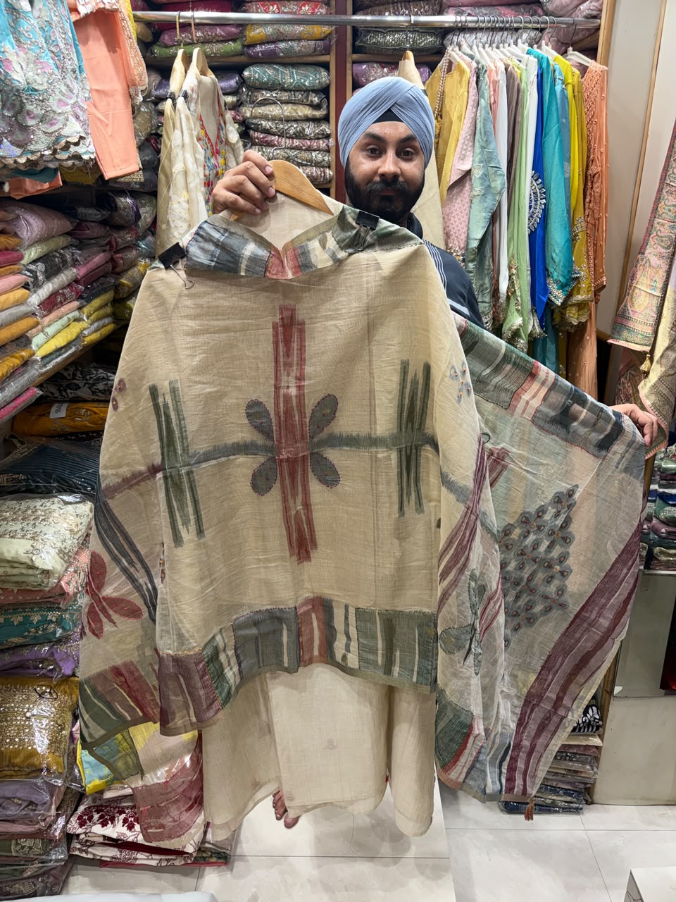 Jamdani Beige Color Suit - Phulkari Neck with Stall Dupatta