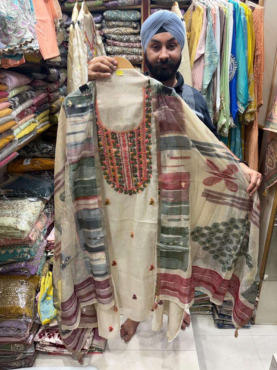 Jamdani Beige Color Suit - Phulkari Neck with Stall Dupatta