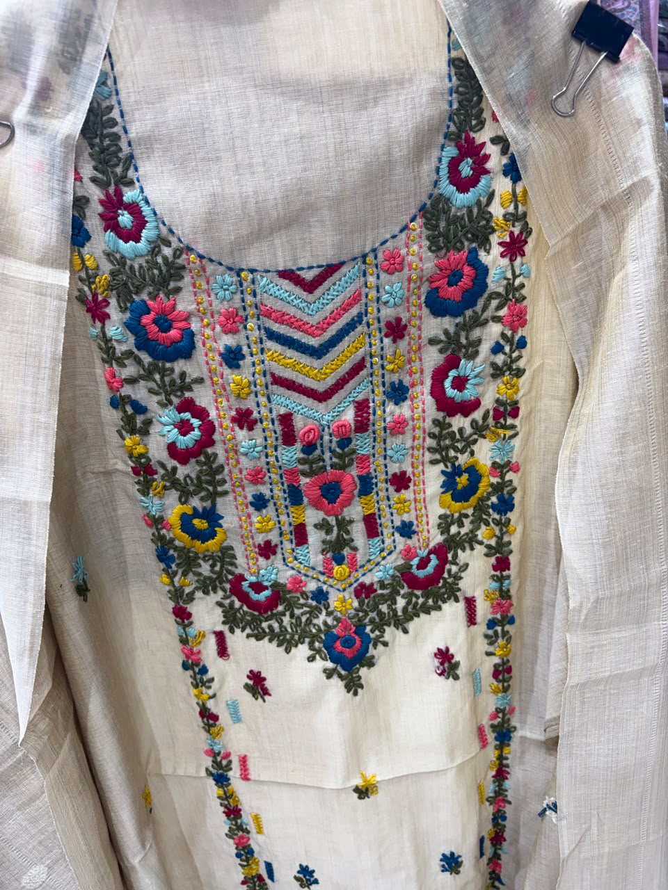 Jamdani Beige Color Suit - Phulkari Neck with Stall Dupatta