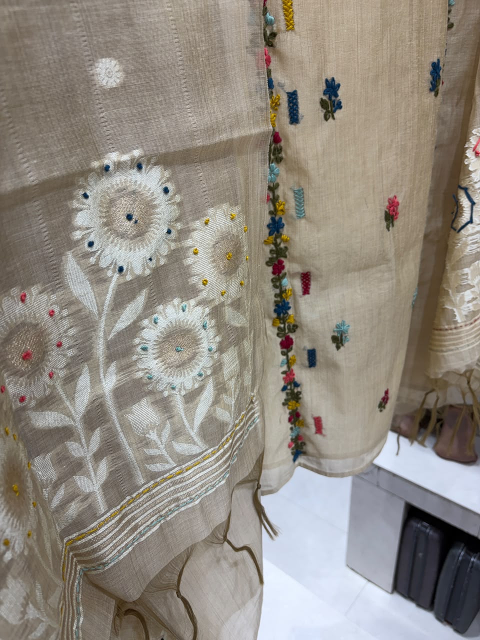 Jamdani Beige Color Suit - Phulkari Neck with Stall Dupatta