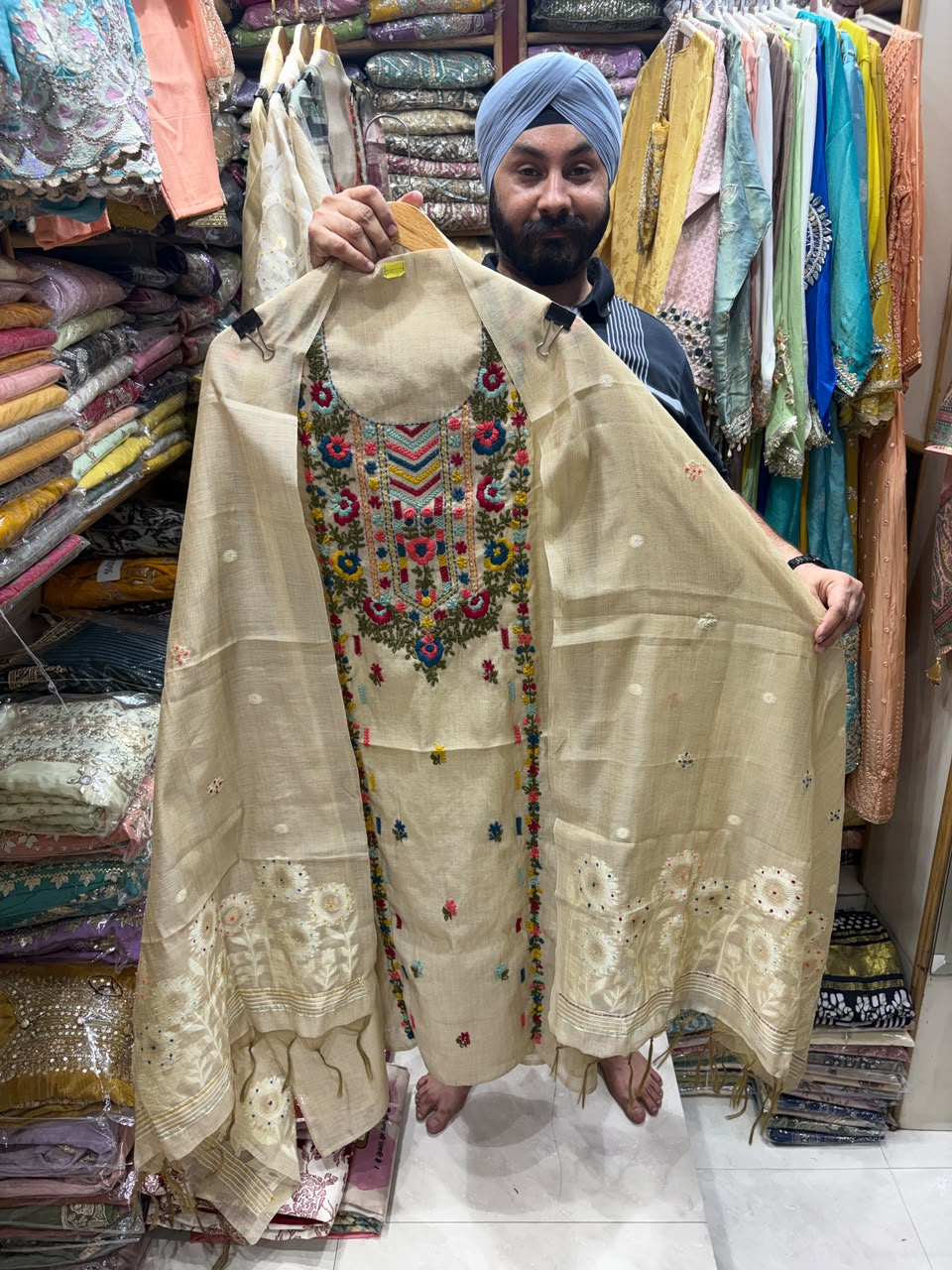 Jamdani Beige Color Suit - Phulkari Neck with Stall Dupatta