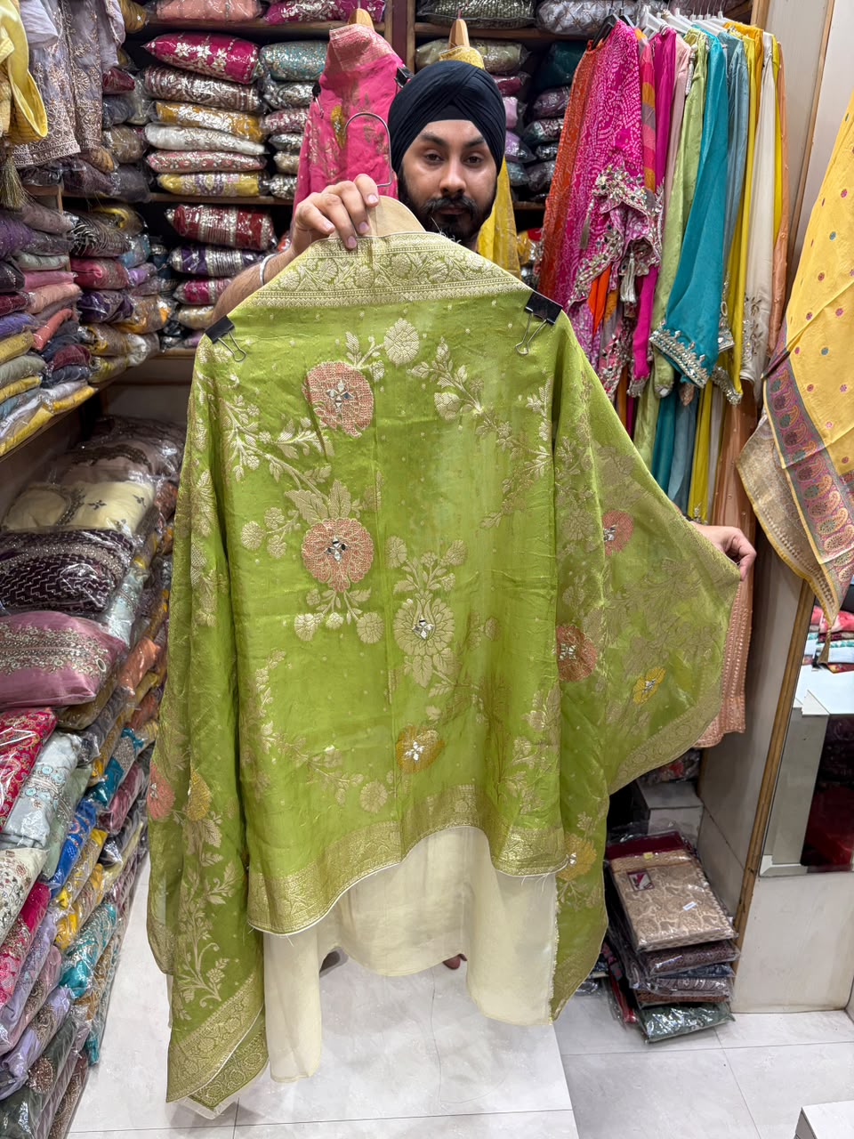 Shimmer Silk Mirror Neck Banarasi Dupatta