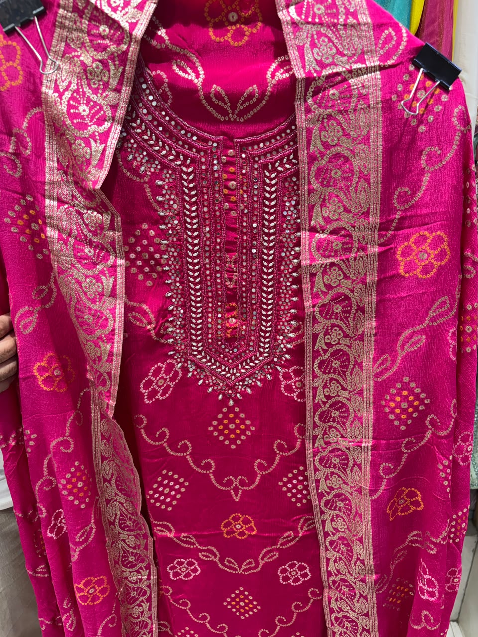Pure Chinnon Banarsi Weave Bhandej Suits