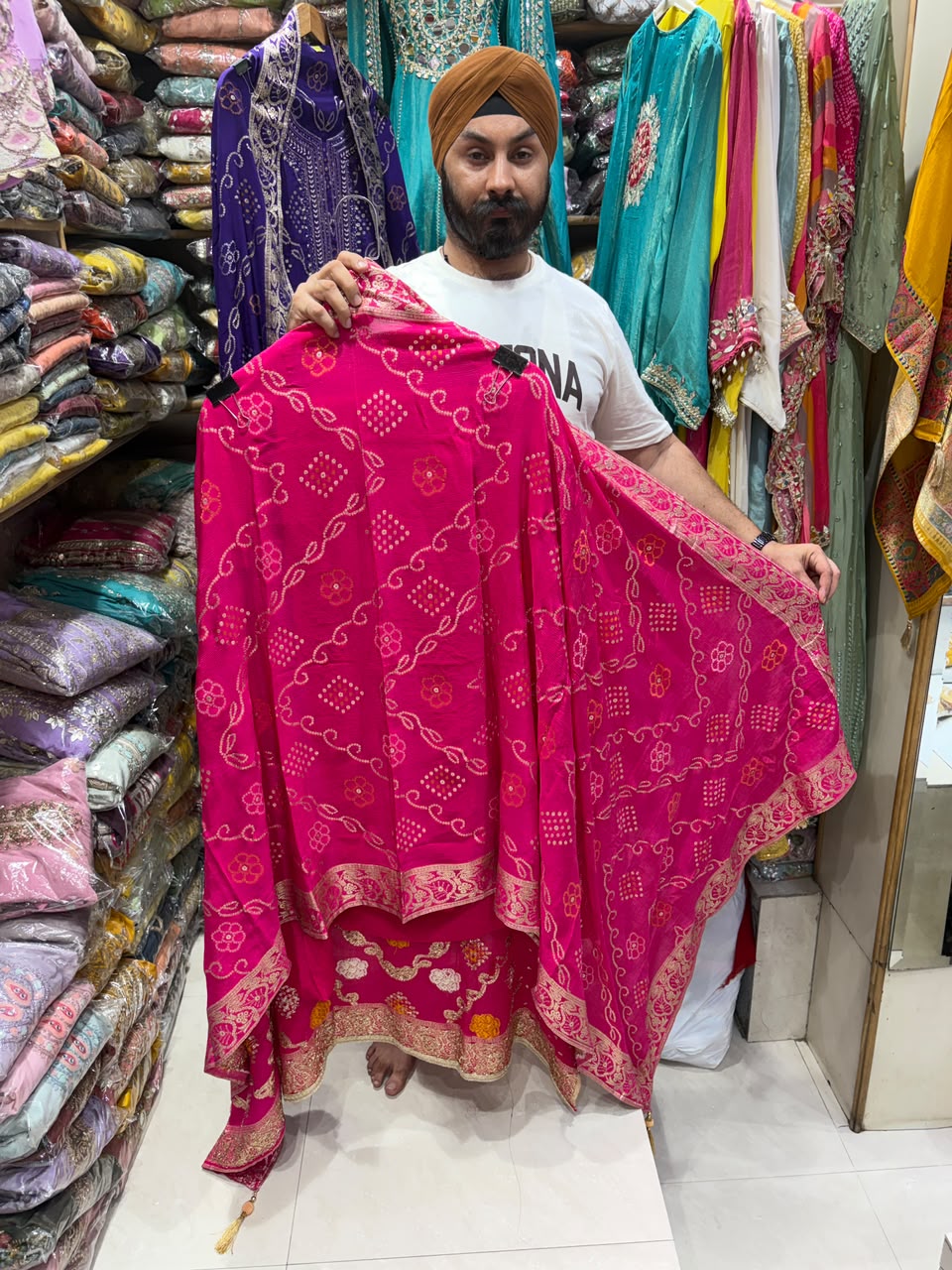 Pure Chinnon Banarsi Weave Bhandej Suits