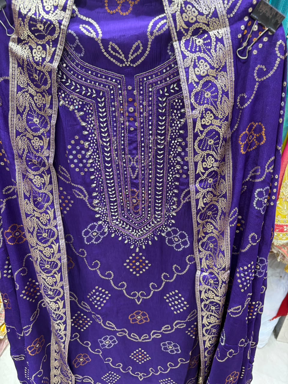 Pure Chinnon Banarsi Weave Bhandej Suits