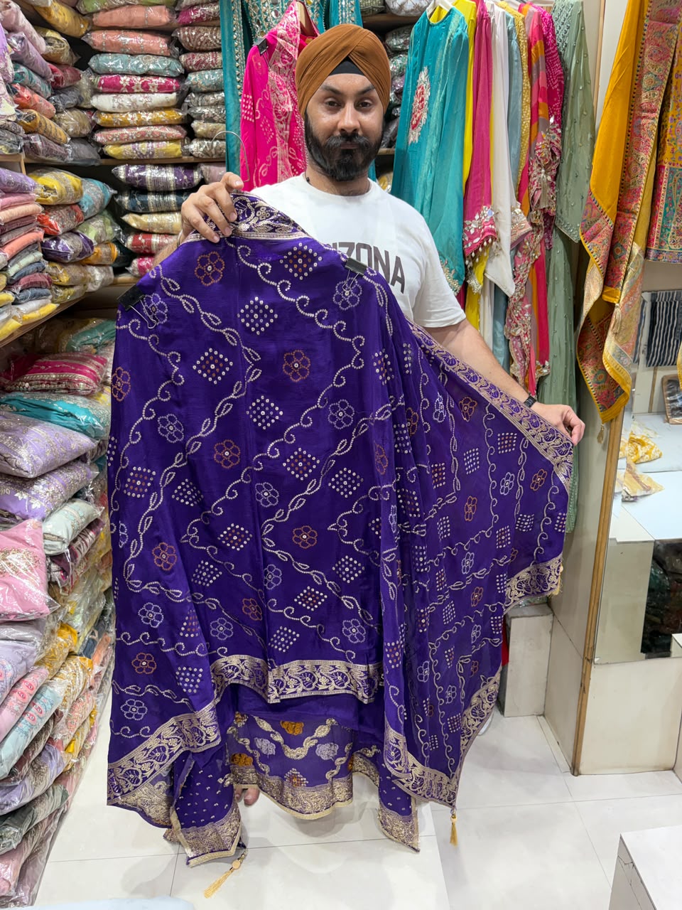 Pure Chinnon Banarsi Weave Bhandej Suits